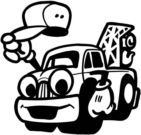 Comic tow truck tipping hat vinyl sticker. Customize on line.  Autos Cars and Car Repair 060-0307 
